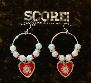 Alabama Enamel "A" Heart Logo Crimson Tide Hoop Pearl & Rhinestone Earrings