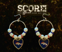 Load image into Gallery viewer, Denver Broncos NFL Enamel Heart Logo Hoop Pearl &amp; Rhinestone Earrings
