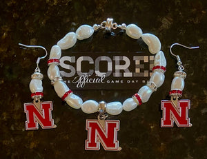 Nebraska Logo Pearl Earrings and bracelet set  Edit alt text