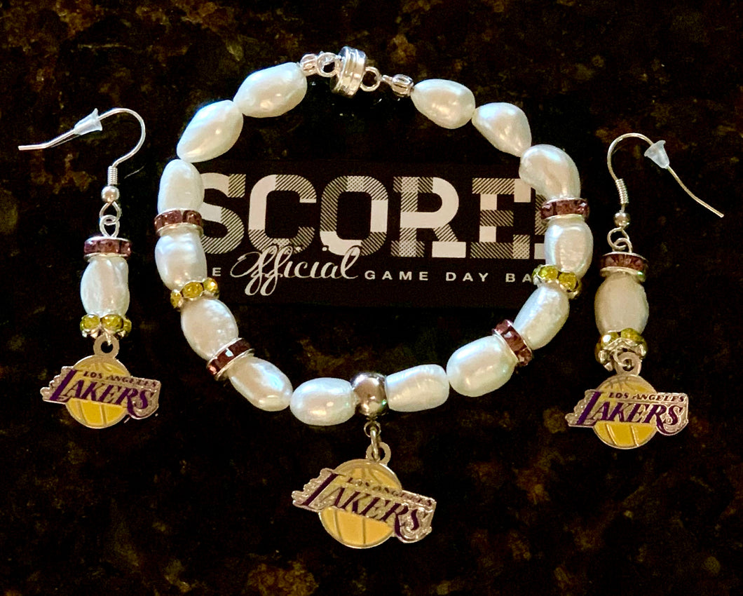 LA Laker NBA Bracelet and earrings  Pearl & Rhinestone Earrings