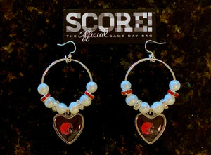 Cleveland Browns NFL Enamel Heart Logo Hoop Pearl & Rhinestone Earrings
