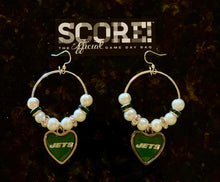 Load image into Gallery viewer, New York Jets NFL Enamel Heart Logo Hoop Pearl &amp; Rhinestone Earrings
