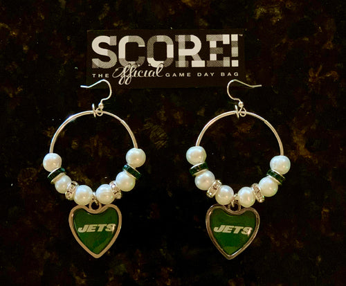 New York Jets NFL Enamel Heart Logo Hoop Pearl & Rhinestone Earrings