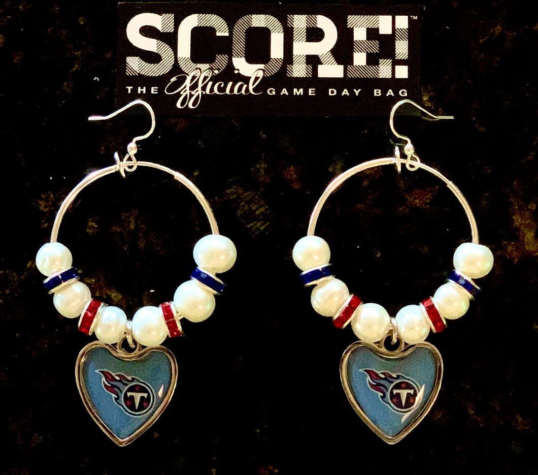 Tennessee Titans NFL Enamel Heart Logo Hoop Pearl & Rhinestone Earrings