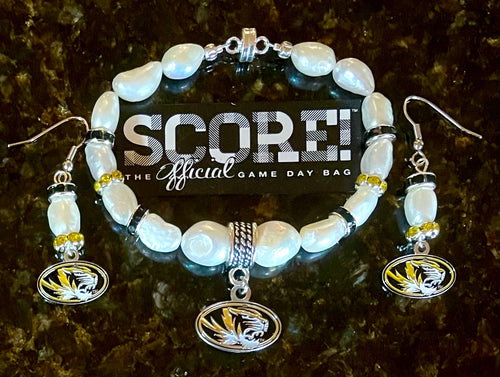 University of Missouri Mizu tigers pearl and rhinestone bracelet and earring set