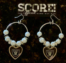 Load image into Gallery viewer, Las Vegas Raiders NFL Enamel Heart Logo Hoop Pearl &amp; Rhinestone Earrings
