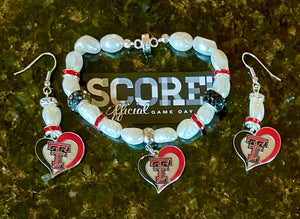 Texas Tech heart logo pearl and Rhinestone bracelet and earring set