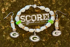 Green Bay Packer charm pearl bracelet and earrings with rhinestones