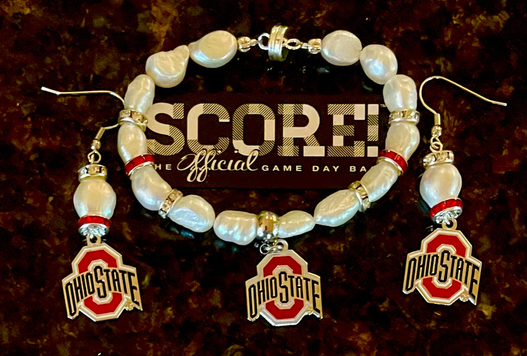 Ohio State Logo Pearl Earrings and bracelet set