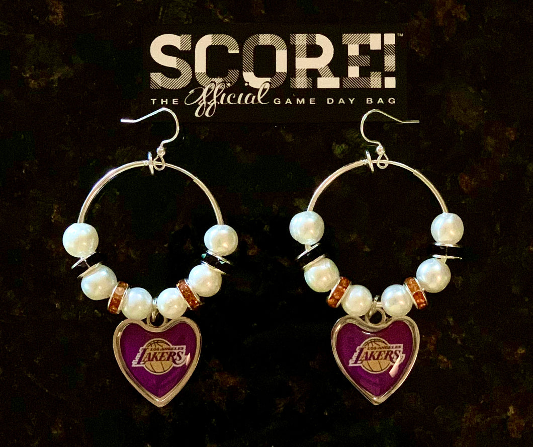 LA Lakers NBA Enamel Heart Logo Hoop Pearl & Rhinestone Earrings