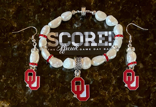 Oklahoma University Sooners Logo Pearl Earrings and bracelet set 
