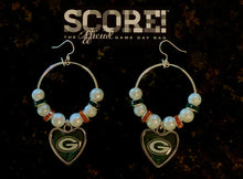 Load image into Gallery viewer, Green Bay Packers NFL Enamel Heart Logo Hoop Pearl &amp; Rhinestone Earrings
