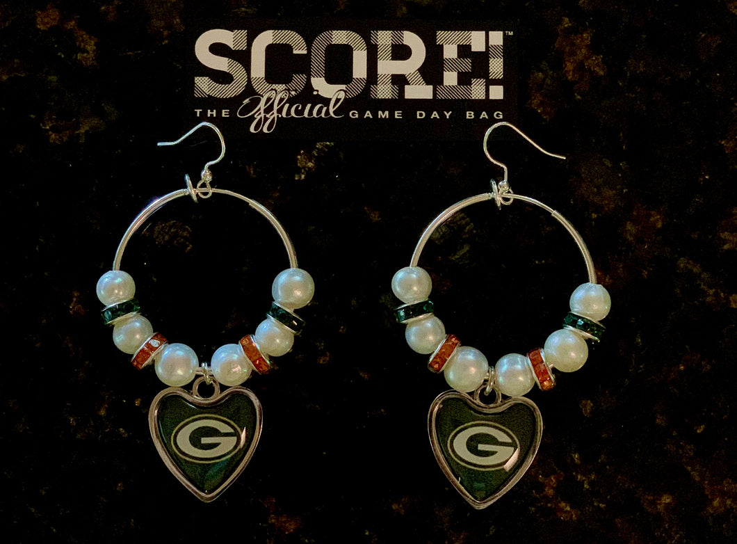 Green Bay Packers NFL Enamel Heart Logo Hoop Pearl & Rhinestone Earrings