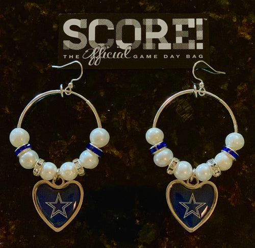 Dallas Cowboys NFL Enamel Heart Logo Hoop Pearl & Rhinestone Earrings