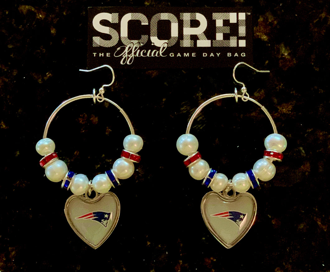 New England Patriots NFL Enamel Heart Logo Hoop Pearl & Rhinestone Earrings