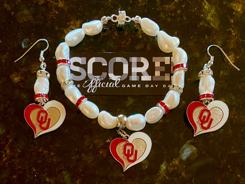 Oklahoma University Sooners Heart Logo Pearl Earrings and bracelet set
