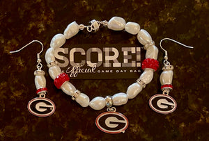 Georgia Bulldogs Logo Pearl Earrings and bracelet set