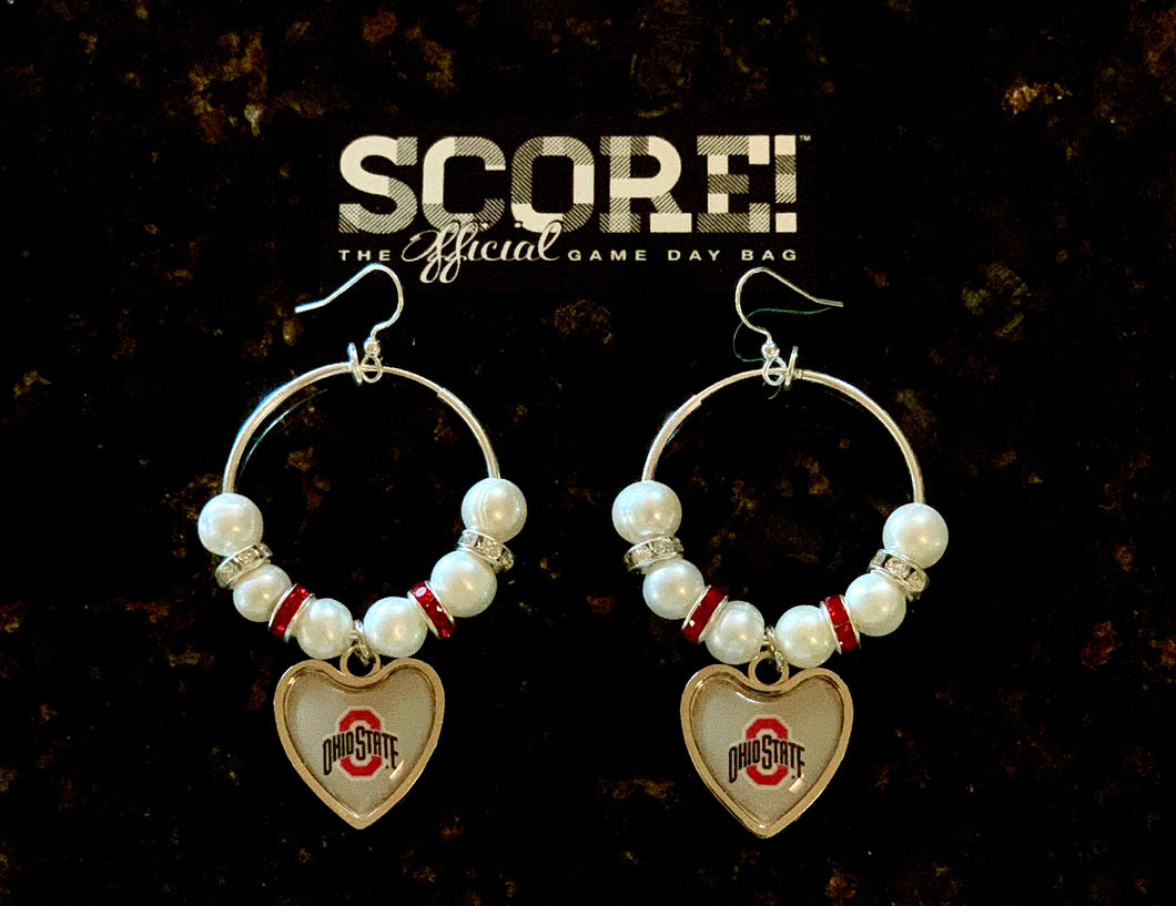 Ohio State Enamel Heart Logo Hoop Pearl & Rhinestone Earrings