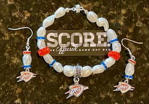 Oklahoma City thunder OKC logo with pearls and rhinestones earring and bracelet set