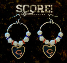 Load image into Gallery viewer, Chicago Bears NFL Blue &amp; Orange Heart Logo Hoop Pearl &amp; Rhinestone Earrings
