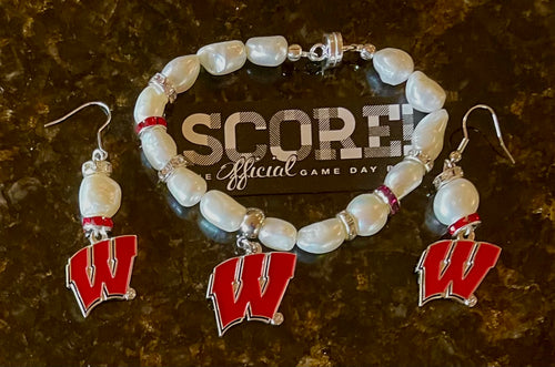 Wisconsin Logo W peal and rhinestone earrings and bracelet set