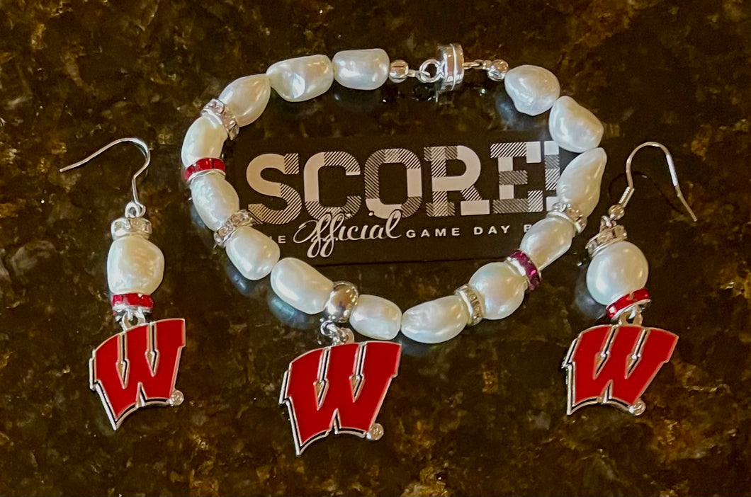Wisconsin Logo W peal and rhinestone earrings and bracelet set