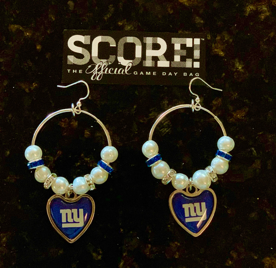 New York Giants NFL Enamel Heart Logo Hoop Pearl & Rhinestone Earrings