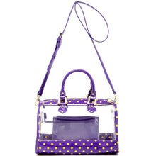 Load image into Gallery viewer, SCORE! Moniqua Large Designer Clear Crossbody Satchel - Royal Purple and  Yellow Gold
