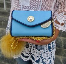 Load image into Gallery viewer, SCORE! Eva Designer Crossbody Clutch - Light Blue, Navy Blue and Gold Yellow
