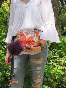 SCORE! Chrissy Small Designer Clear Crossbody Bag - Orange, White and Purple
