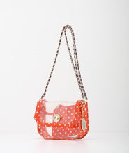Load image into Gallery viewer, SCORE! Chrissy Small Designer Clear Crossbody Bag - Orange, White and Purple
