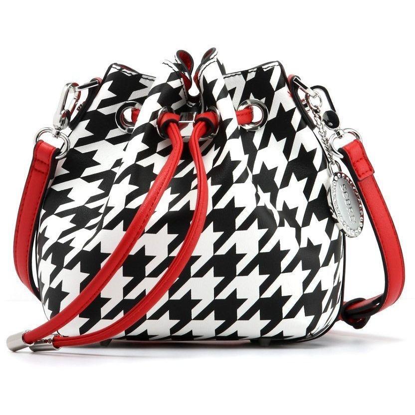 SCORE! Sarah Jean Designer Small Shoulder Crossbody Purse Boho Bucket Game Day Bag Tote - Houndstooth Black, White and Red