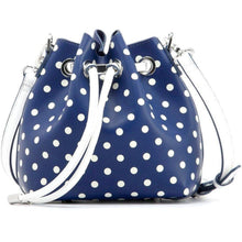 Load image into Gallery viewer, SCORE! Sarah Jean Small Crossbody Polka dot BoHo Bucket Bag - Navy and White Xavier Musketeers, Mount St. Mary&#39;s Mountaineers, Georgetown Hoyas, Butler Bulldogs, Liberty Flames, Georgia Southern Eagles, Howard Bison, North Florida Ospreys, Monmouth Hawks, BYU Cougars, Jackson State Tigers, Longwood Lancers, Nevada Wolfpack, Drake Bulldogs, UNC Greensboro Spartans, NFL Dallas Cowboys, NHL Blue Jackets, MLS LA Galaxy, MLB San Diego Padres,  NY Yankees, Delta Phi Lambda , Alpha Omega Epsilon
