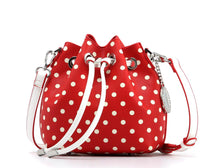 Load image into Gallery viewer, SCORE! Sarah Jean Small Crossbody Polka dot BoHo Bucket Bag- Red and White

