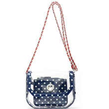 Load image into Gallery viewer, SCORE! Chrissy Small Designer Clear Crossbody Bag - Navy Blue, White and Red
