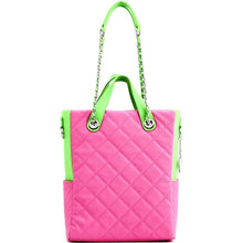Load image into Gallery viewer, SCORE!&#39;s Kat Travel Tote for Business, Work, or School Quilted Shoulder Bag - Pink and Lime Green

